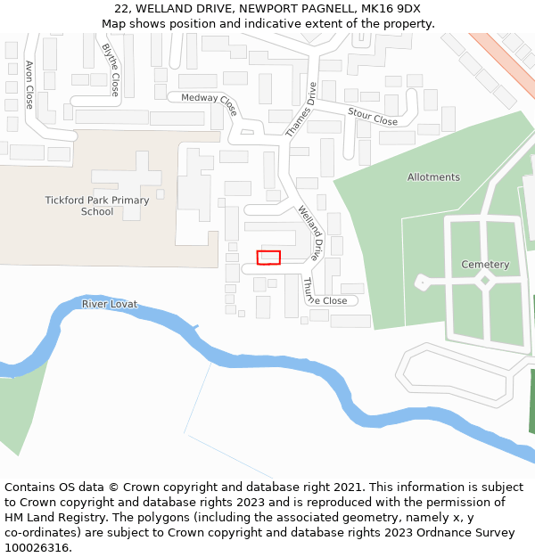 22, WELLAND DRIVE, NEWPORT PAGNELL, MK16 9DX: Location map and indicative extent of plot