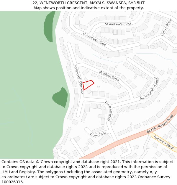 22, WENTWORTH CRESCENT, MAYALS, SWANSEA, SA3 5HT: Location map and indicative extent of plot