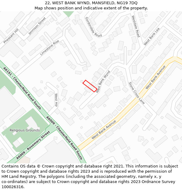 22, WEST BANK WYND, MANSFIELD, NG19 7DQ: Location map and indicative extent of plot