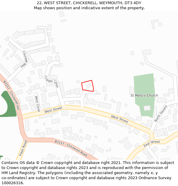 22, WEST STREET, CHICKERELL, WEYMOUTH, DT3 4DY: Location map and indicative extent of plot