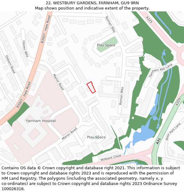 22, WESTBURY GARDENS, FARNHAM, GU9 9RN: Location map and indicative extent of plot