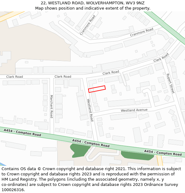 22, WESTLAND ROAD, WOLVERHAMPTON, WV3 9NZ: Location map and indicative extent of plot