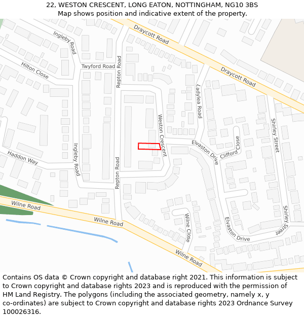 22, WESTON CRESCENT, LONG EATON, NOTTINGHAM, NG10 3BS: Location map and indicative extent of plot