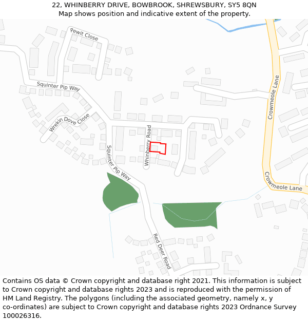 22, WHINBERRY DRIVE, BOWBROOK, SHREWSBURY, SY5 8QN: Location map and indicative extent of plot