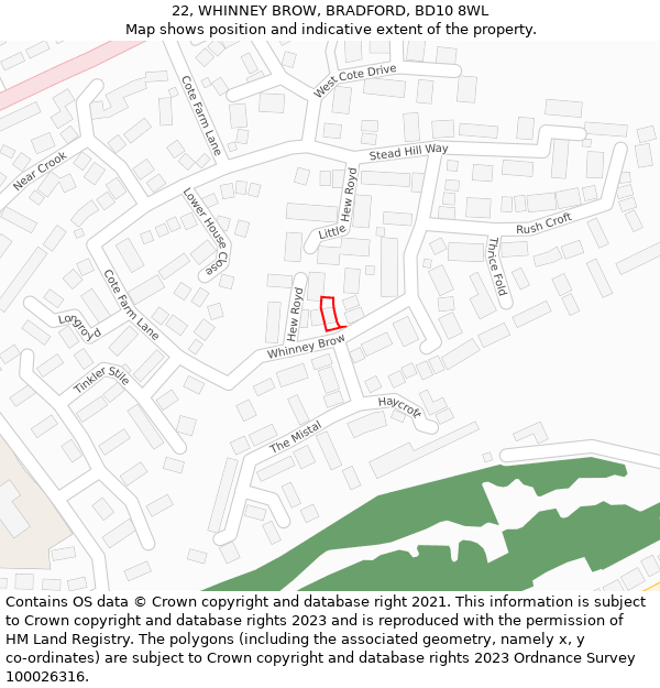 22, WHINNEY BROW, BRADFORD, BD10 8WL: Location map and indicative extent of plot