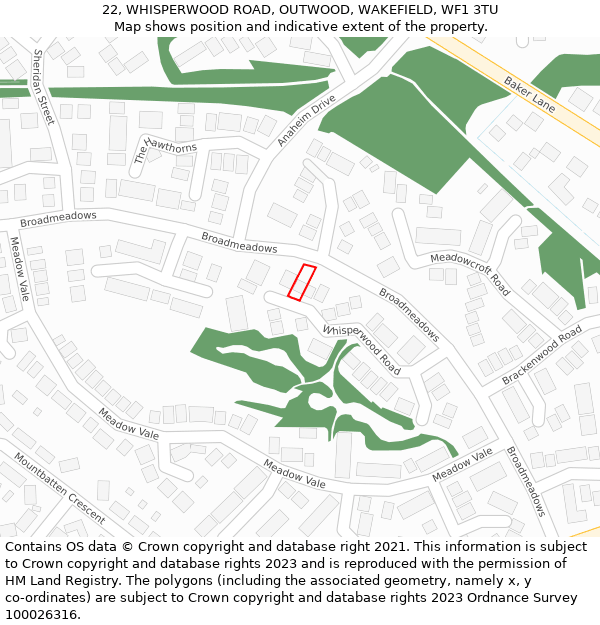 22, WHISPERWOOD ROAD, OUTWOOD, WAKEFIELD, WF1 3TU: Location map and indicative extent of plot