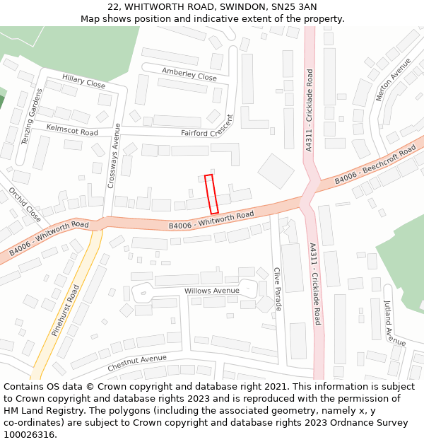 22, WHITWORTH ROAD, SWINDON, SN25 3AN: Location map and indicative extent of plot