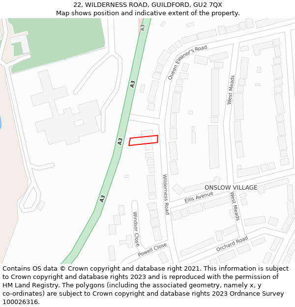 22, WILDERNESS ROAD, GUILDFORD, GU2 7QX: Location map and indicative extent of plot