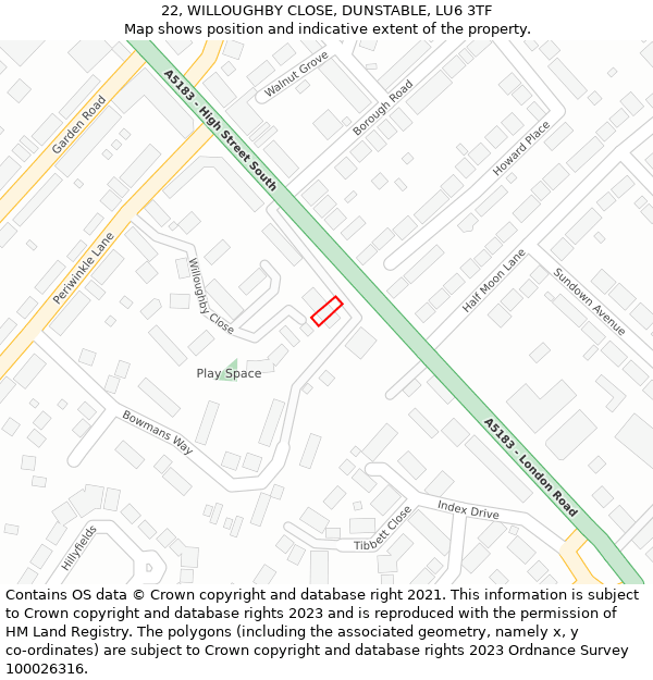 22, WILLOUGHBY CLOSE, DUNSTABLE, LU6 3TF: Location map and indicative extent of plot