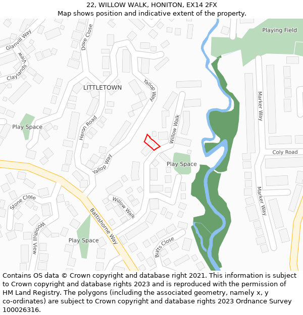 22, WILLOW WALK, HONITON, EX14 2FX: Location map and indicative extent of plot