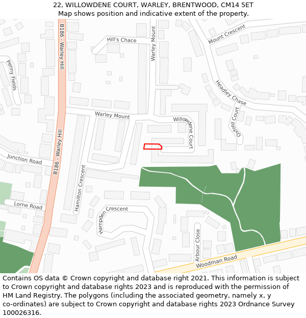 22, WILLOWDENE COURT, WARLEY, BRENTWOOD, CM14 5ET: Location map and indicative extent of plot