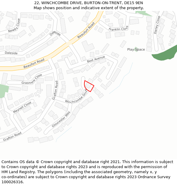 22, WINCHCOMBE DRIVE, BURTON-ON-TRENT, DE15 9EN: Location map and indicative extent of plot