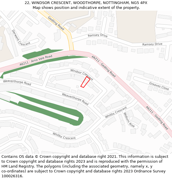 22, WINDSOR CRESCENT, WOODTHORPE, NOTTINGHAM, NG5 4PX: Location map and indicative extent of plot