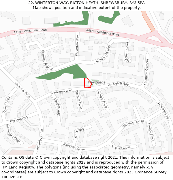 22, WINTERTON WAY, BICTON HEATH, SHREWSBURY, SY3 5PA: Location map and indicative extent of plot