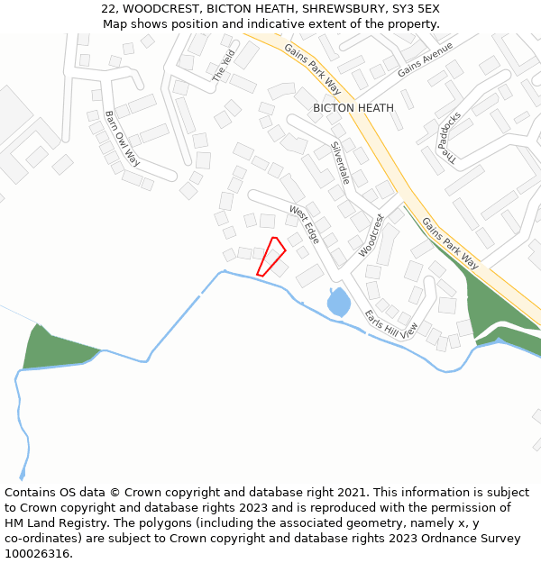 22, WOODCREST, BICTON HEATH, SHREWSBURY, SY3 5EX: Location map and indicative extent of plot