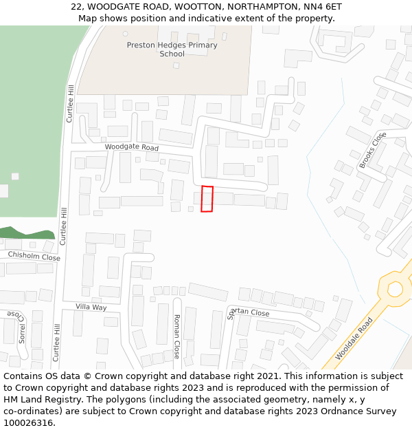 22, WOODGATE ROAD, WOOTTON, NORTHAMPTON, NN4 6ET: Location map and indicative extent of plot