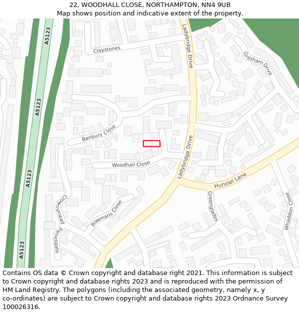 22, WOODHALL CLOSE, NORTHAMPTON, NN4 9UB: Location map and indicative extent of plot