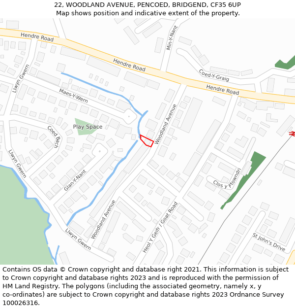 22, WOODLAND AVENUE, PENCOED, BRIDGEND, CF35 6UP: Location map and indicative extent of plot