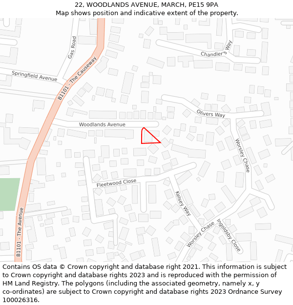 22, WOODLANDS AVENUE, MARCH, PE15 9PA: Location map and indicative extent of plot