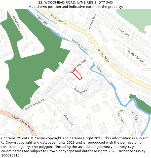 22, WOODMEAD ROAD, LYME REGIS, DT7 3AD: Location map and indicative extent of plot