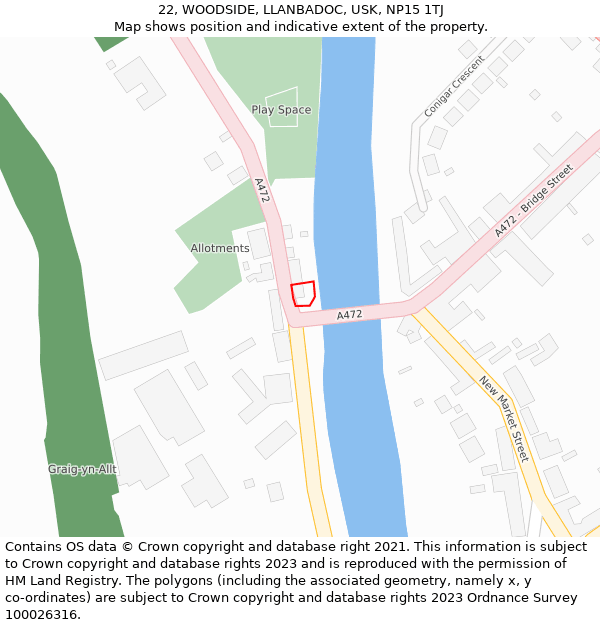 22, WOODSIDE, LLANBADOC, USK, NP15 1TJ: Location map and indicative extent of plot