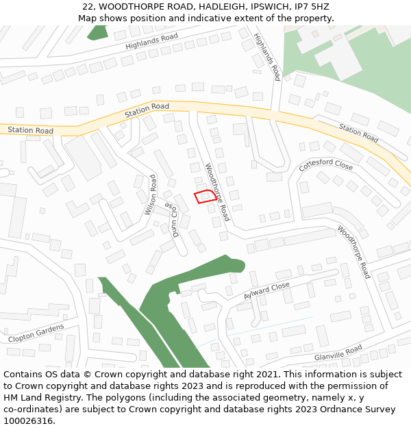 22, WOODTHORPE ROAD, HADLEIGH, IPSWICH, IP7 5HZ: Location map and indicative extent of plot