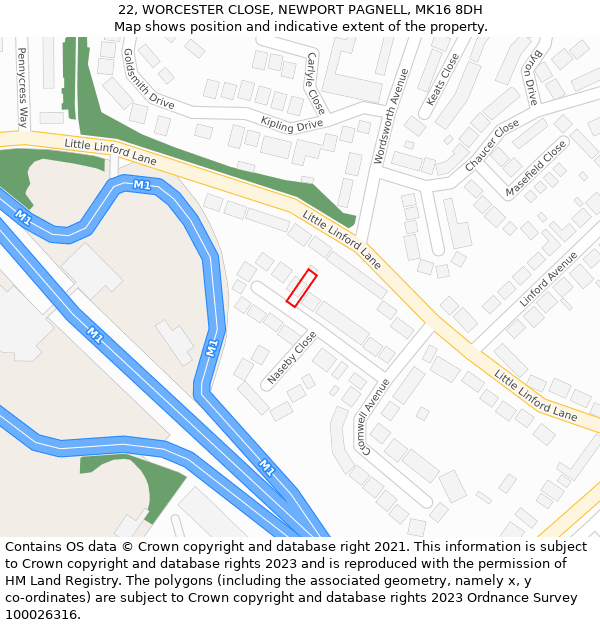 22, WORCESTER CLOSE, NEWPORT PAGNELL, MK16 8DH: Location map and indicative extent of plot