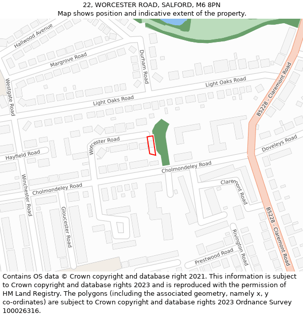 22, WORCESTER ROAD, SALFORD, M6 8PN: Location map and indicative extent of plot