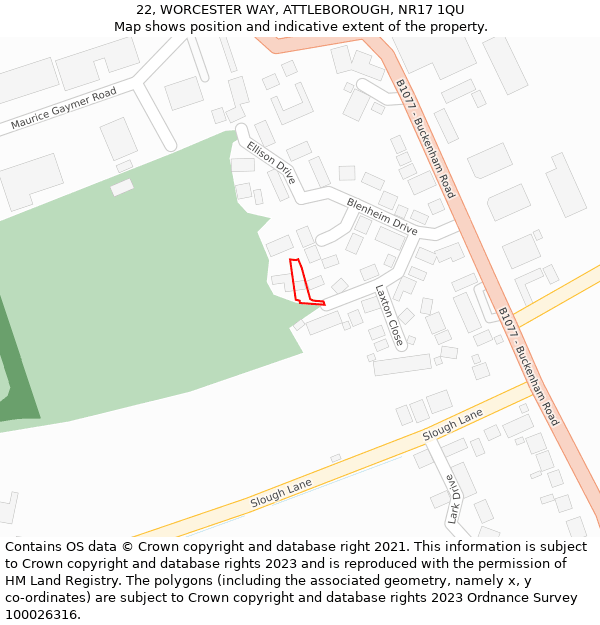 22, WORCESTER WAY, ATTLEBOROUGH, NR17 1QU: Location map and indicative extent of plot