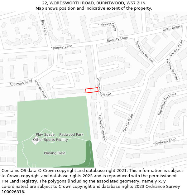 22, WORDSWORTH ROAD, BURNTWOOD, WS7 2HN: Location map and indicative extent of plot