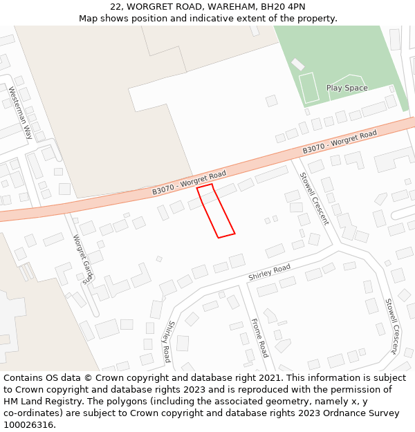 22, WORGRET ROAD, WAREHAM, BH20 4PN: Location map and indicative extent of plot