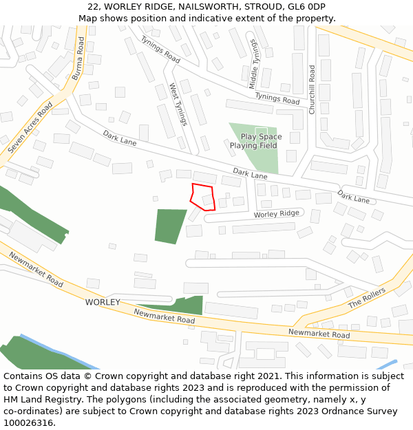 22, WORLEY RIDGE, NAILSWORTH, STROUD, GL6 0DP: Location map and indicative extent of plot