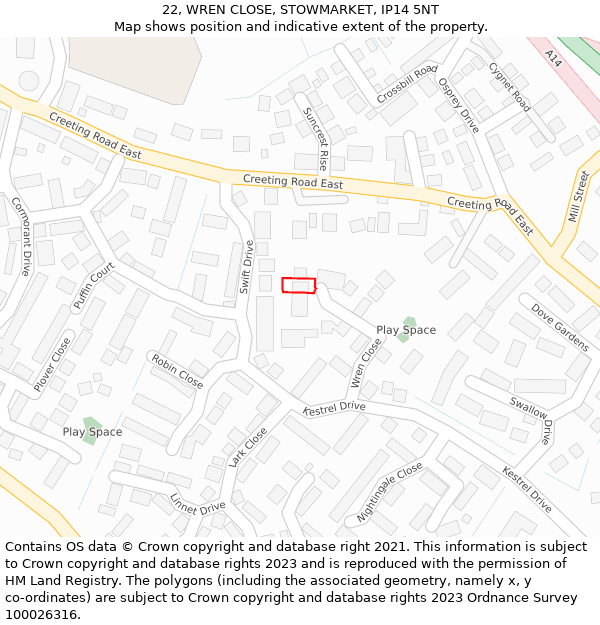 22, WREN CLOSE, STOWMARKET, IP14 5NT: Location map and indicative extent of plot