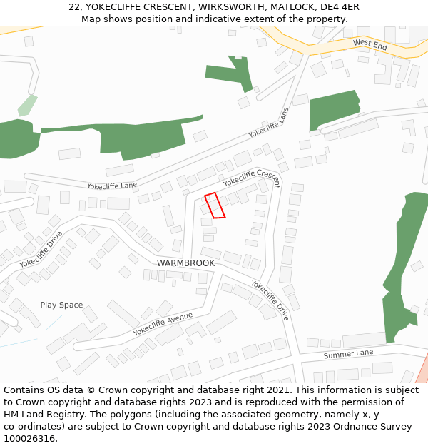 22, YOKECLIFFE CRESCENT, WIRKSWORTH, MATLOCK, DE4 4ER: Location map and indicative extent of plot