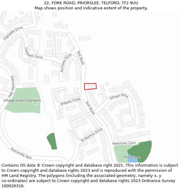 22, YORK ROAD, PRIORSLEE, TELFORD, TF2 9UU: Location map and indicative extent of plot
