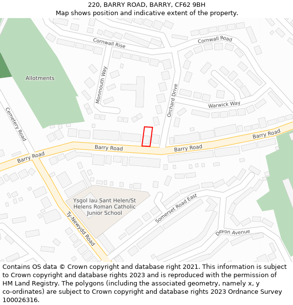 220, BARRY ROAD, BARRY, CF62 9BH: Location map and indicative extent of plot