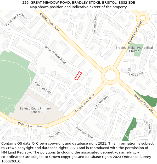 220, GREAT MEADOW ROAD, BRADLEY STOKE, BRISTOL, BS32 8DB: Location map and indicative extent of plot