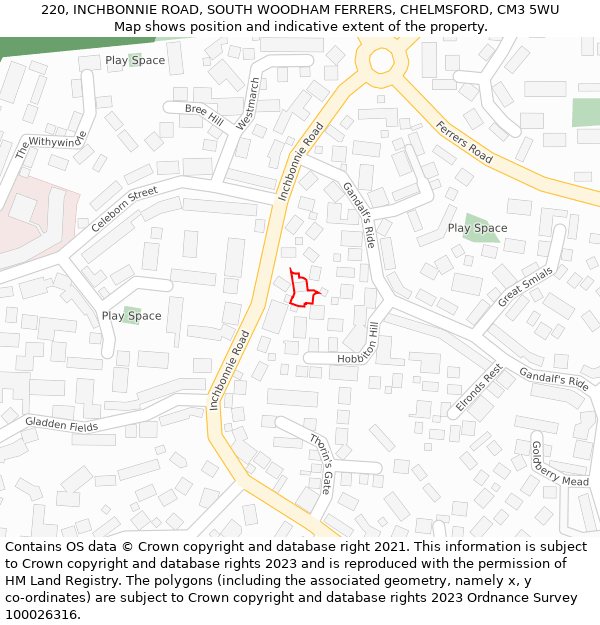 220, INCHBONNIE ROAD, SOUTH WOODHAM FERRERS, CHELMSFORD, CM3 5WU: Location map and indicative extent of plot