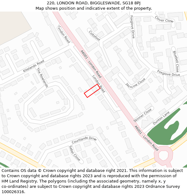 220, LONDON ROAD, BIGGLESWADE, SG18 8PJ: Location map and indicative extent of plot