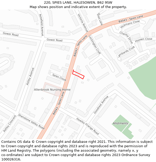 220, SPIES LANE, HALESOWEN, B62 9SW: Location map and indicative extent of plot