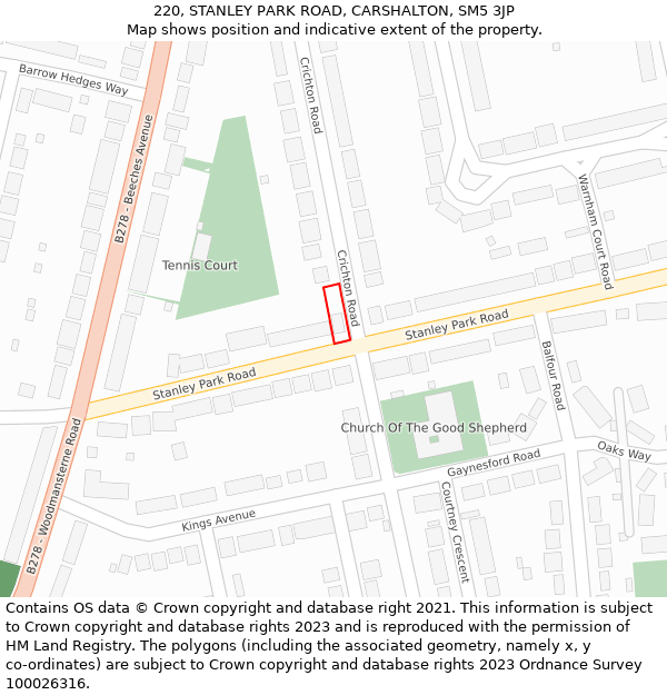 220, STANLEY PARK ROAD, CARSHALTON, SM5 3JP: Location map and indicative extent of plot