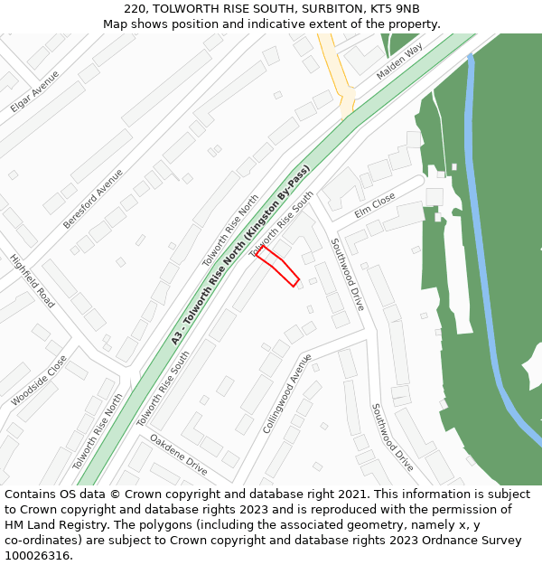 220, TOLWORTH RISE SOUTH, SURBITON, KT5 9NB: Location map and indicative extent of plot