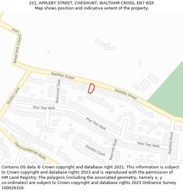 221, APPLEBY STREET, CHESHUNT, WALTHAM CROSS, EN7 6QX: Location map and indicative extent of plot