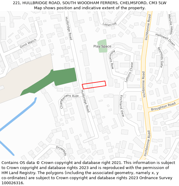 221, HULLBRIDGE ROAD, SOUTH WOODHAM FERRERS, CHELMSFORD, CM3 5LW: Location map and indicative extent of plot