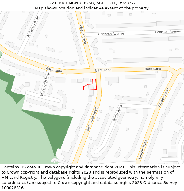 221, RICHMOND ROAD, SOLIHULL, B92 7SA: Location map and indicative extent of plot