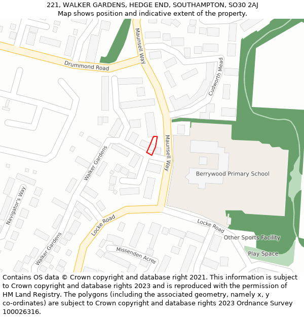 221, WALKER GARDENS, HEDGE END, SOUTHAMPTON, SO30 2AJ: Location map and indicative extent of plot