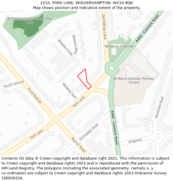 221A, PARK LANE, WOLVERHAMPTON, WV10 9QN: Location map and indicative extent of plot