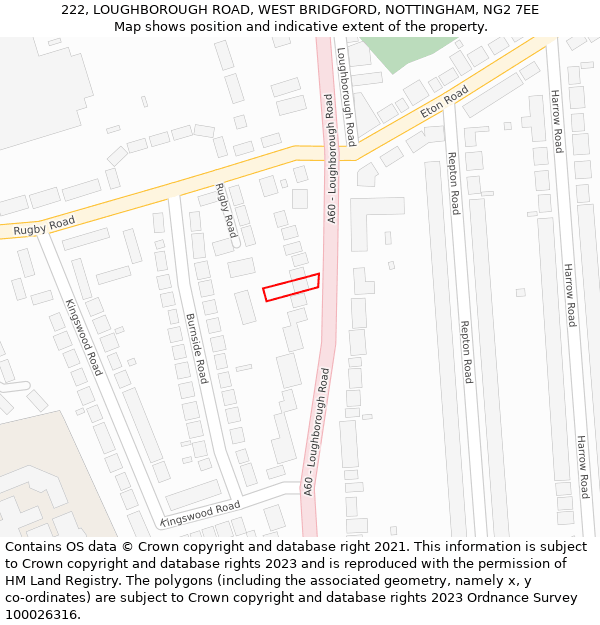 222, LOUGHBOROUGH ROAD, WEST BRIDGFORD, NOTTINGHAM, NG2 7EE: Location map and indicative extent of plot