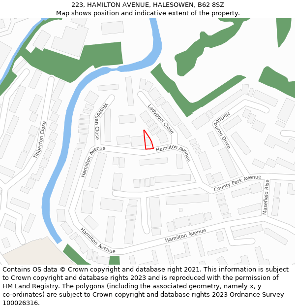 223, HAMILTON AVENUE, HALESOWEN, B62 8SZ: Location map and indicative extent of plot