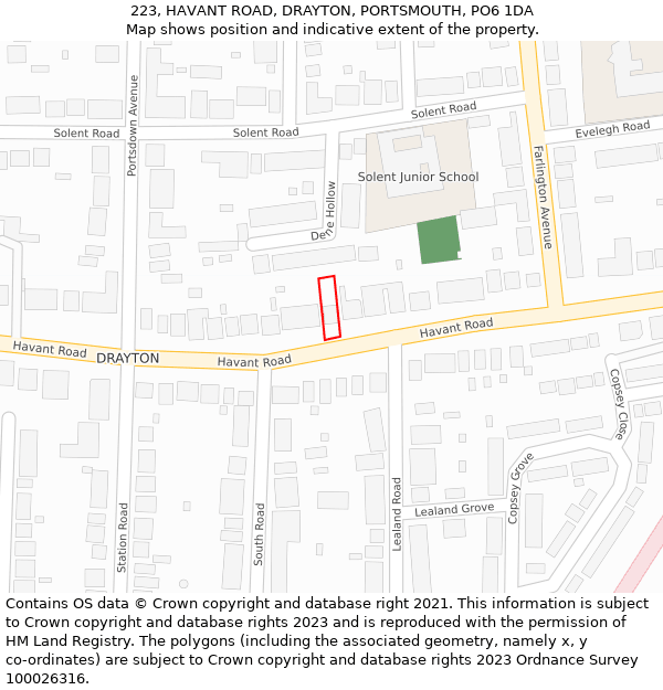 223, HAVANT ROAD, DRAYTON, PORTSMOUTH, PO6 1DA: Location map and indicative extent of plot